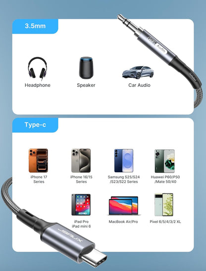 USB C to 3.5Mm Audio Aux Cable 3.3Ft, USB Type C to 3.5Mm Headphone Stereo Car Cord Compatible with Iphone 15 Pro Max, Samsung Galaxy S22/S21/S20 Ultra, Note 20/10 Plus, Ipad Pro, Pixel 5 4 XL